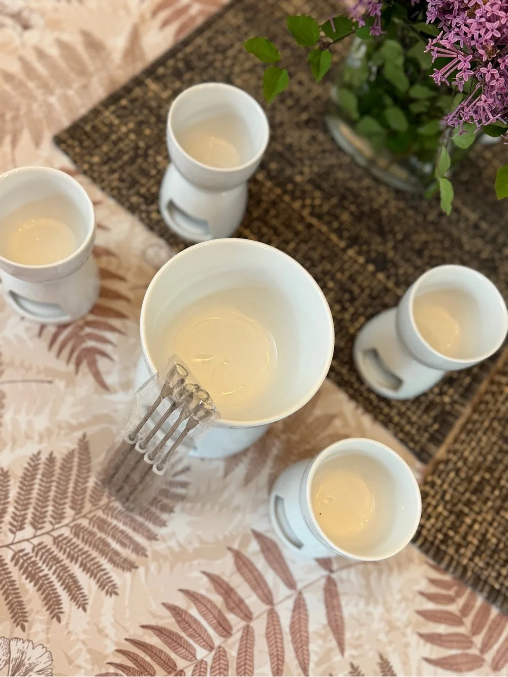 Crate&Barrel White Ceramic Fondue Set with Four Dippers